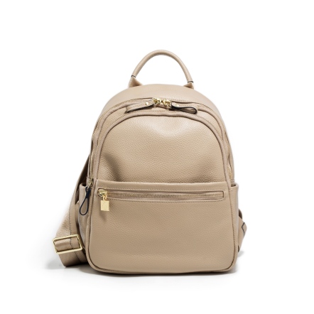 CUBE 牛皮雙層拉鍊後背包 - 淺沙色/迷霧藍(225-085)